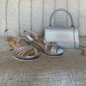 Nina Silver Glitter Heels and Silver rhinestone chain purse